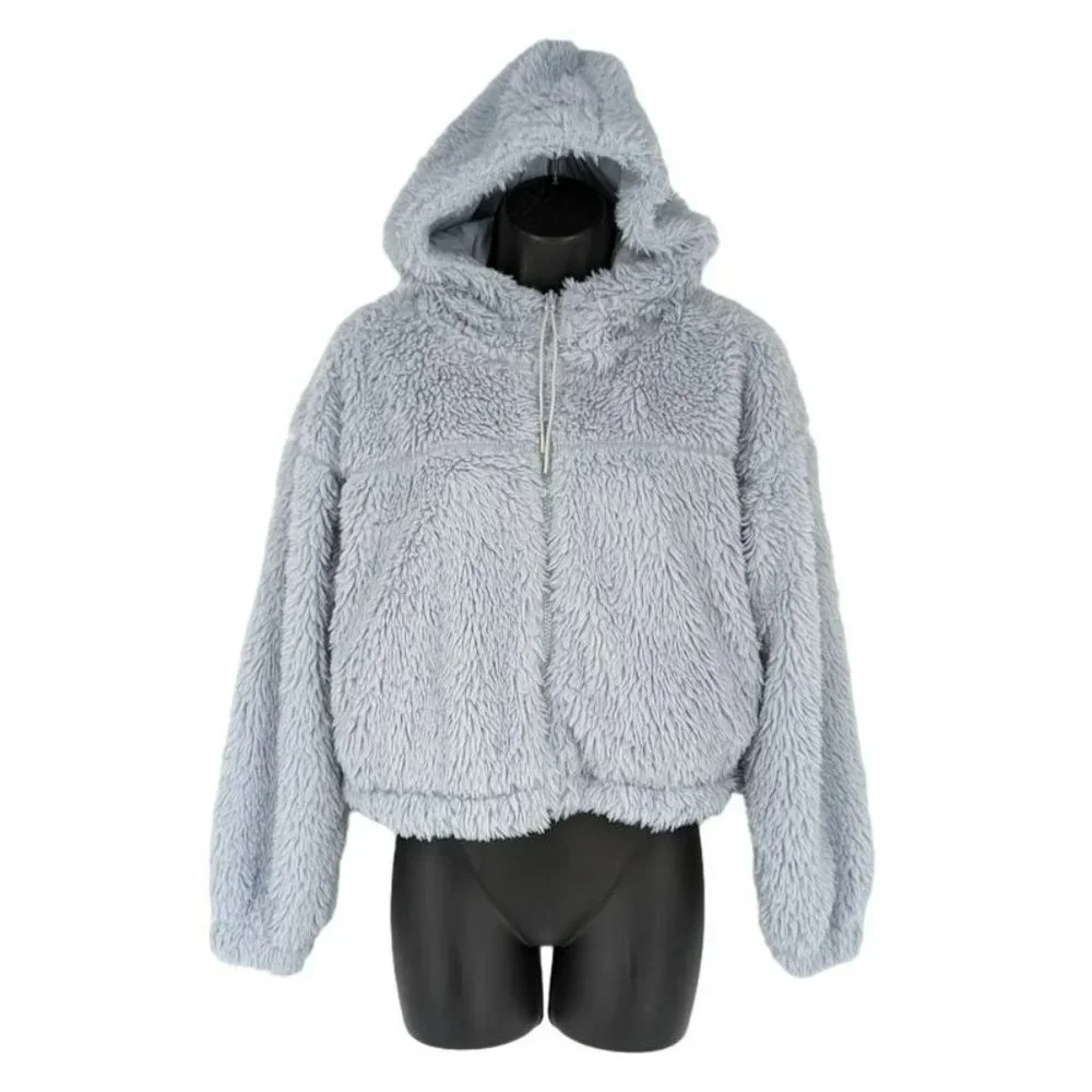 BDG Urban Outfitters Hoodie M Blue Sherpa Cropped Teddy Jacket Full Zip Cozy